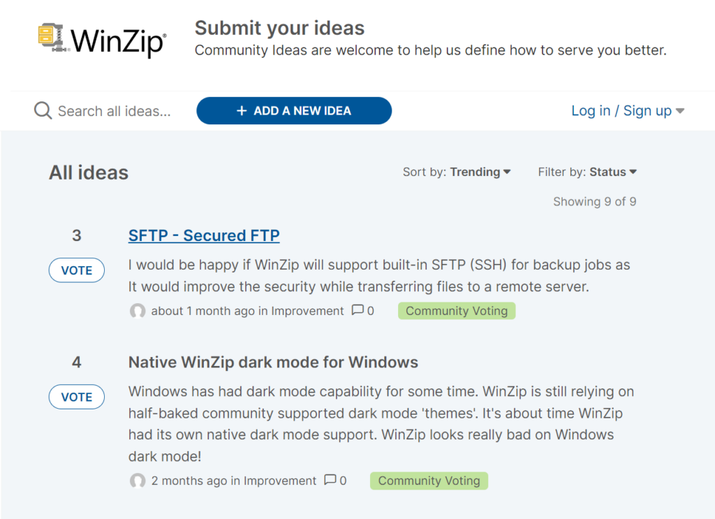 Ideas portal in WinZip